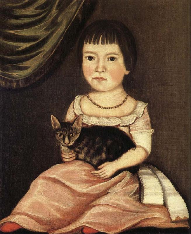 Beardsley Limner Child Posing with Cat Norge oil painting art